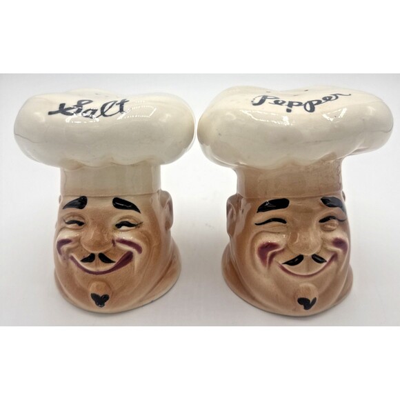 Vintage Large Chef Head/Hat Squinting Eyes Salt & Pepper Shaker Set Japan 4.5" - Picture 1 of 13